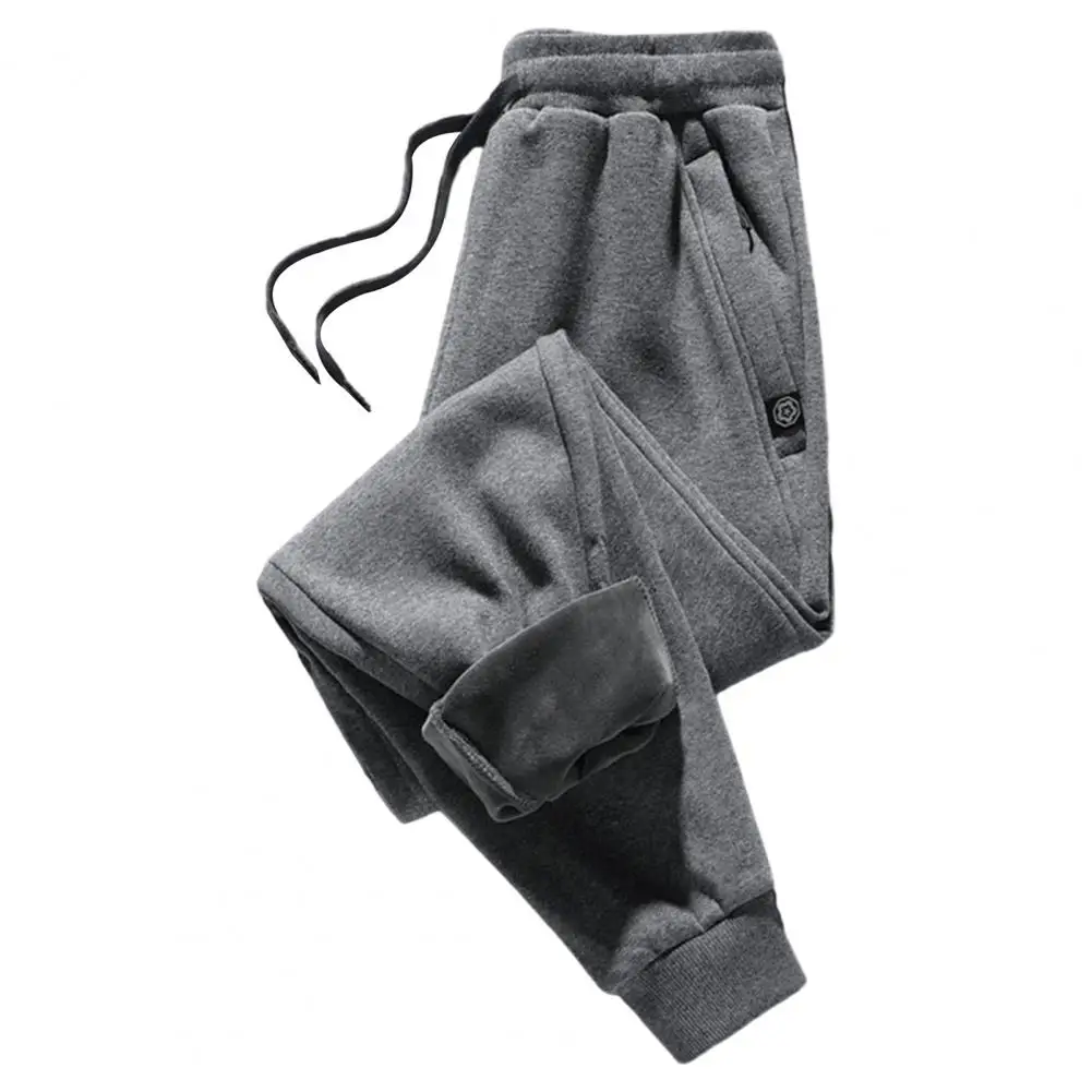 

Men Winter Pants Drawstring Elastic Waist Pockets Thick Warm Plush Ankle Length Men Sports Jogging Long Trousers Sweatpants