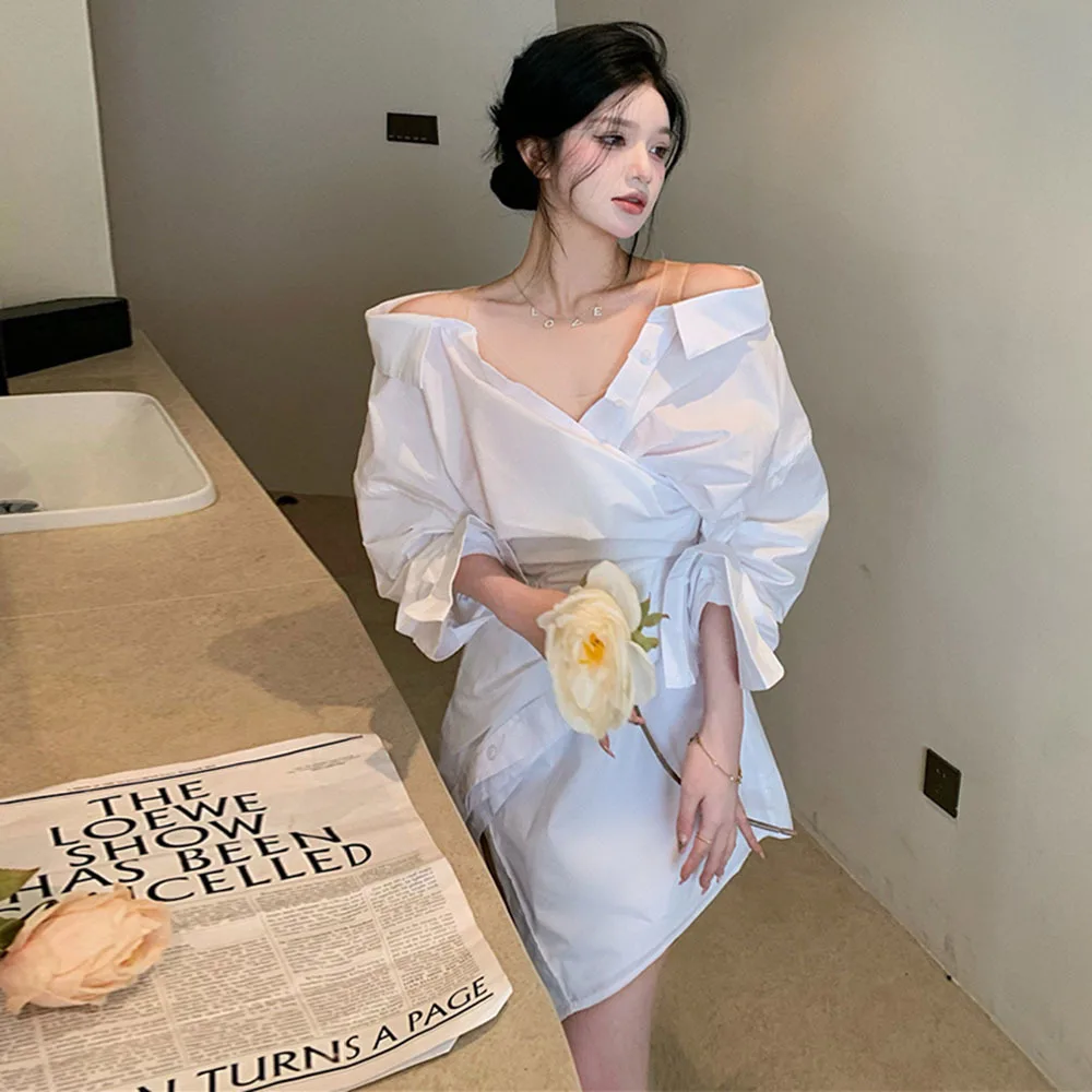 Elegant Korean Dress For Women V Neck Long Sleeve Off Shoulder High Waist  Solid Mini Shirt Dresses Female Clothing 2023 Fashion - AliExpress 200000345