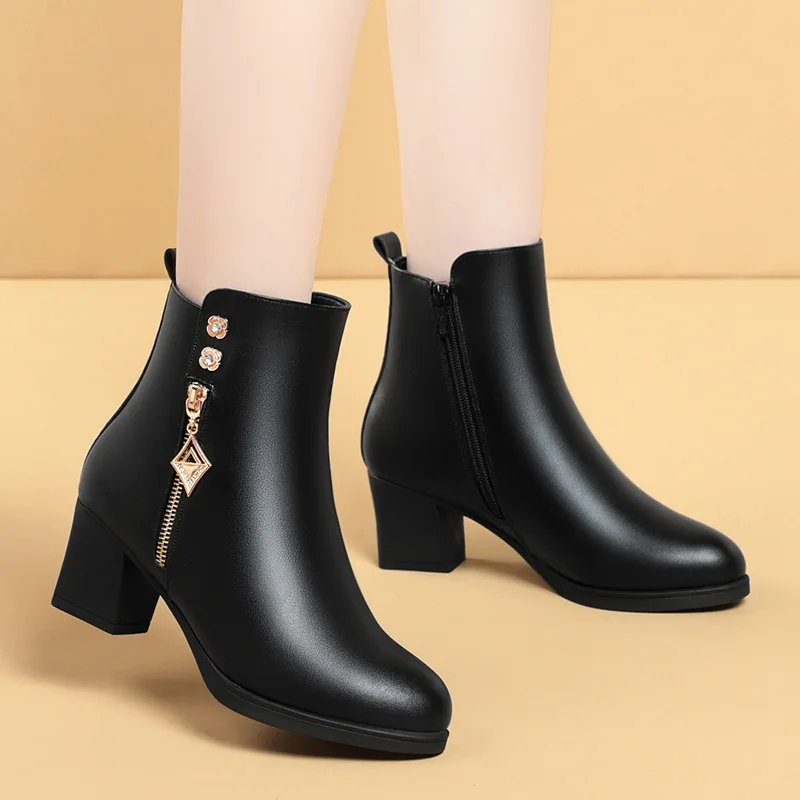 Women Boots Women Winter High Heels Zipper Shoes Genuine Leather High Heeled Ankle Boots Thick Plush Winter Women's Snow Boots
