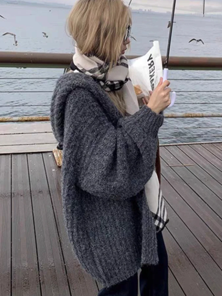 Fashion New Women's Loose Long Sleeve Elegant Cardigan Sweater Hooded Lantern Sleeve Solid Color Knitted Casual Top