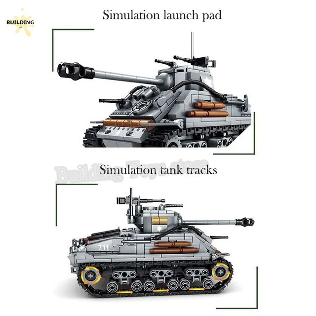 군사 WW2 M4 셔먼 중형 탱크 MOC 빌딩 블록 벽돌 세트는 소년들을 위한 교육 완구입니다.