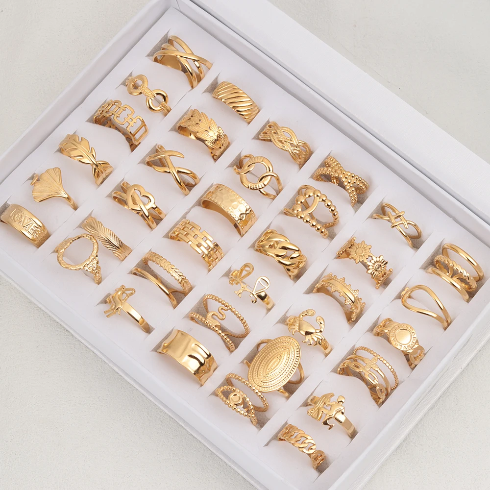 50 Pcs/Lot Fashion Vintage Simple Oil Pressure Stainless Steel Opening Ring Women Men Geometric Finger Jewelry Gift Wholesale