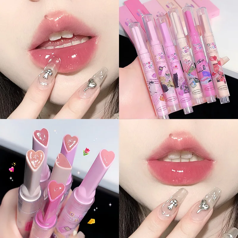 

Cute Love Heart Mirror Jelly Lipstick Pen Watergloss Lip Glaze Moisturizing Sexy Lip Plumper Long-lasting Waterproof Lips Makeup