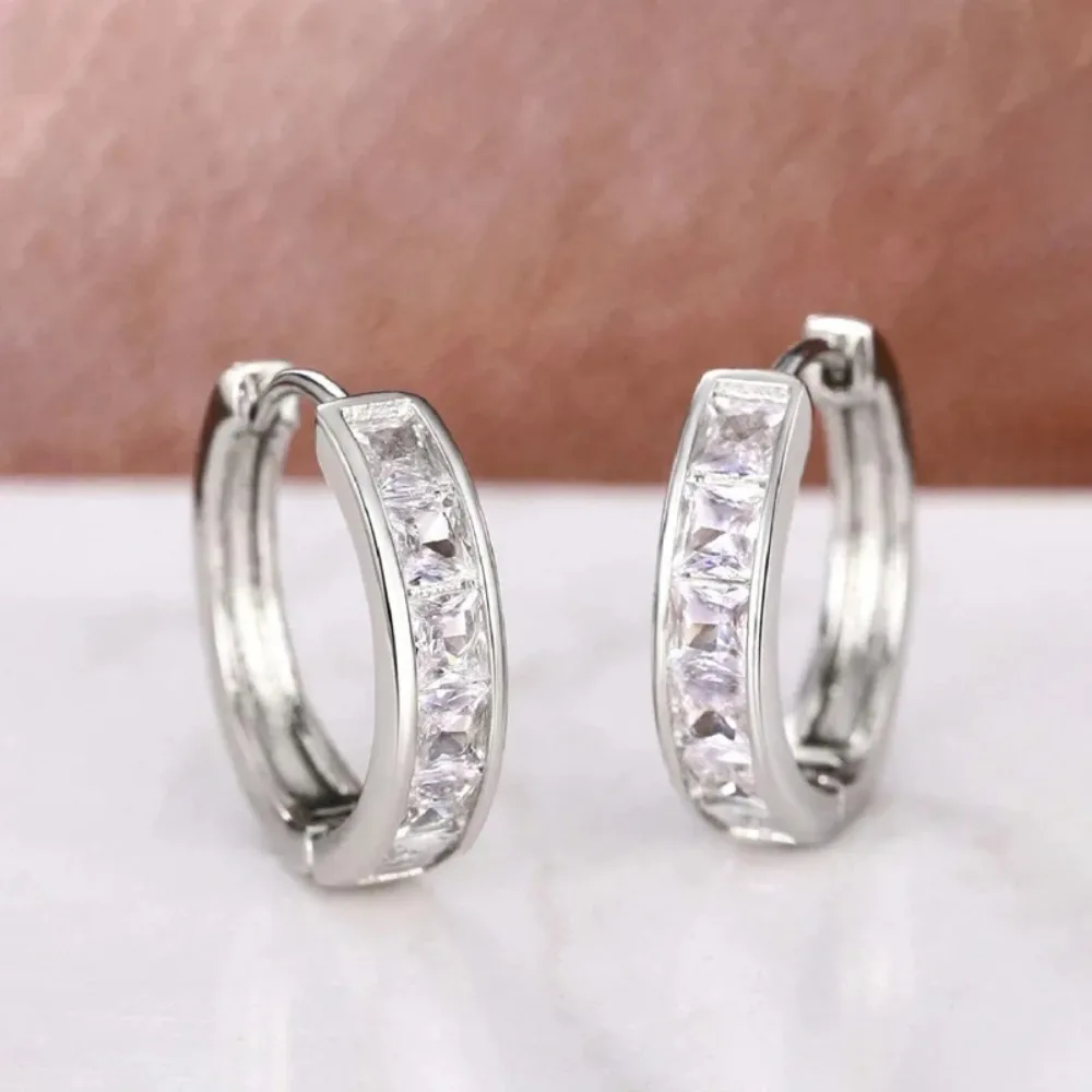 Huitan Classic Design Women Hoop Earrings Princess Square Cz Simple Elegant Female Accessories Versatile Jewelry