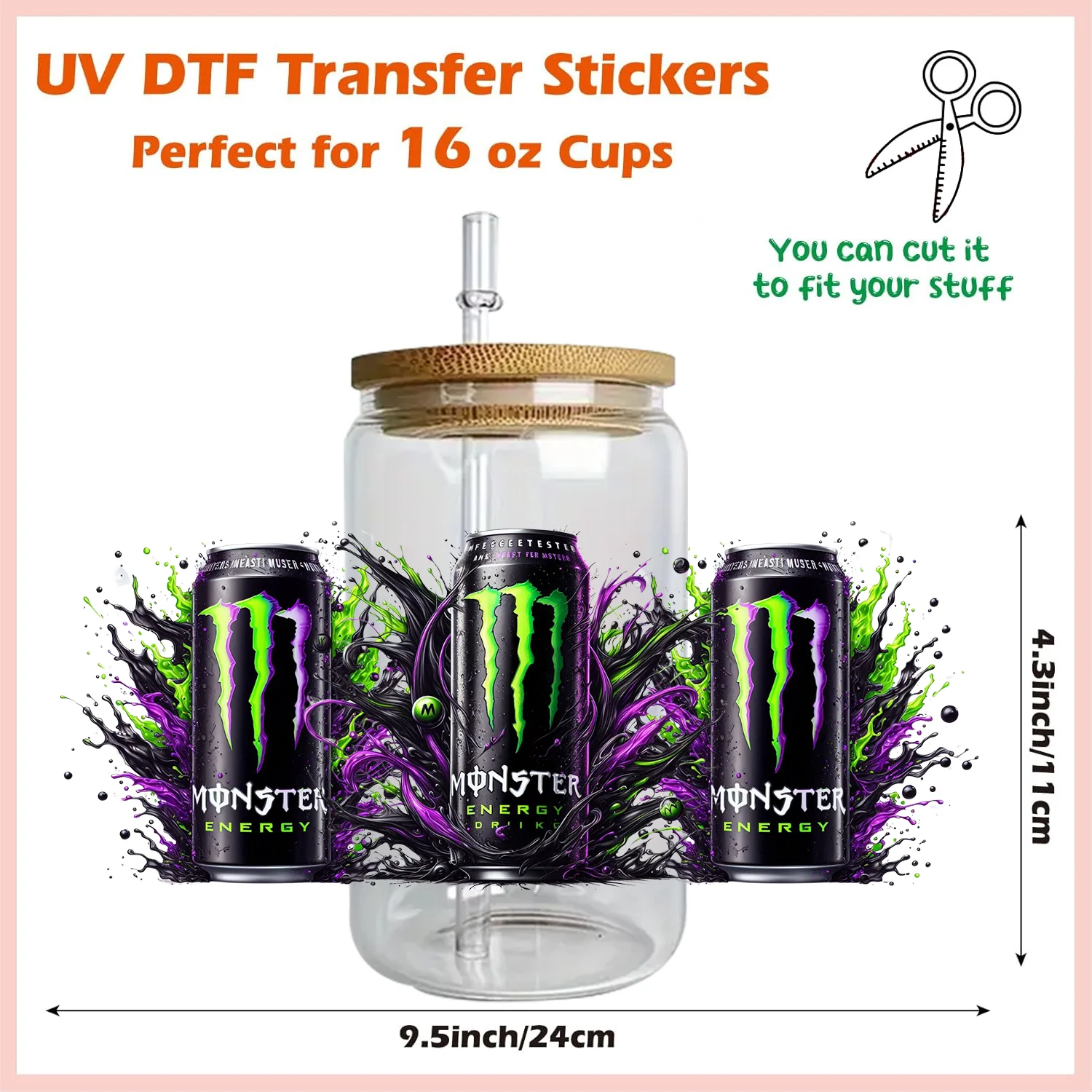 Energy Drink Design 16oz UV DTF 3D Crystal Sticker Cup Wrap