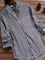 Plus Size Plaid Women's Cotton Linen Long Sleeves Roll Up Striped Casual V Neck Button Down Shirts Blouses Collar Tunic Tops - Image 4