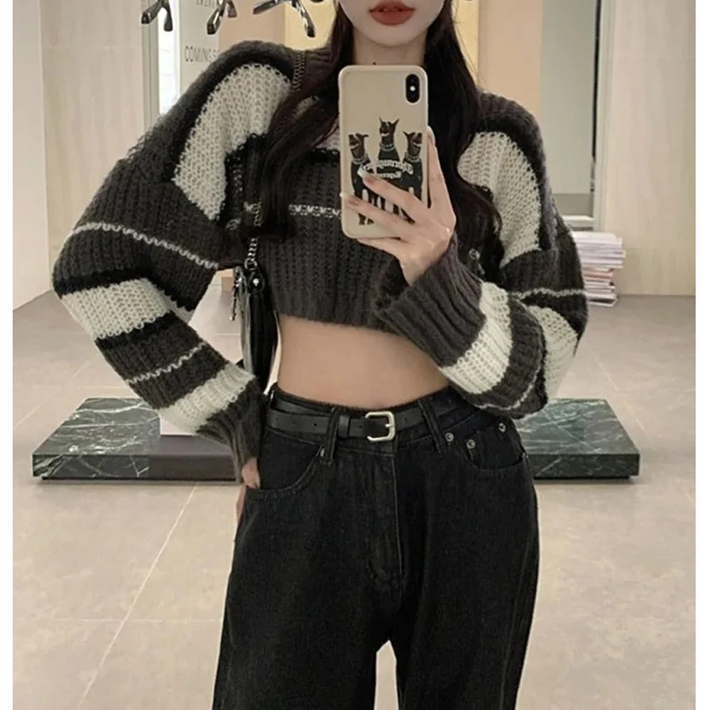 Women Kpop Hippie Cropped Sweater Patchwork Harajuku Striped