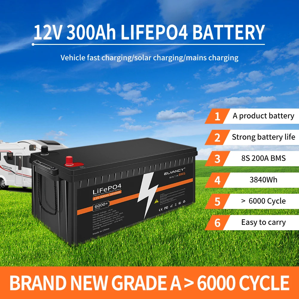 

elvancy 12V 24V 300Ah 200Ah LiFePO4 Battery Pack Bulit-in BMS Deep Cycle Lithium Iron Phosphate Battery For Solar RV Boat Home