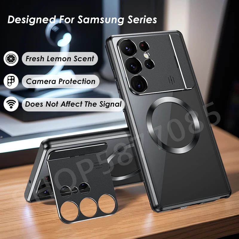 

Магнитный чехол Magsafe для Samsung Galaxy S24 S22 S21 S23, ультратонкий металлический держатель для телефона из алюминиевого сплава, защитная задняя крышка с ароматом
