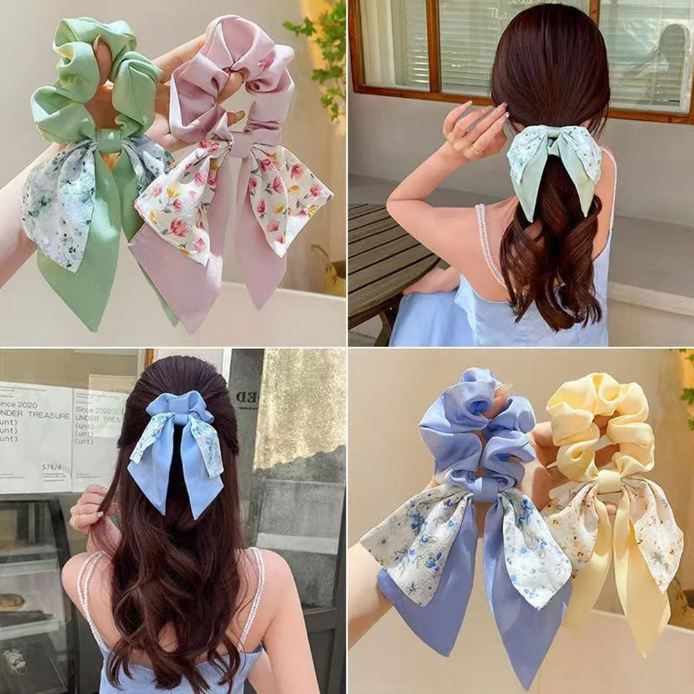 Floral Print Scrunchie Chiffon Bowknot Hair Ribbons For Women