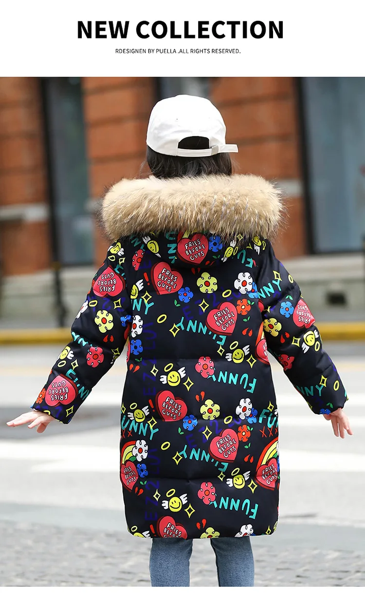 OLEKID 5-16 Jahre Mädchen Winter Daunenjacke Pelzkragen Mit Kapuze Cartoon Gedruckt Lange Teen Mädchen Oberbekleidung Mantel Kinder Graffiti Outfit – Detail 14