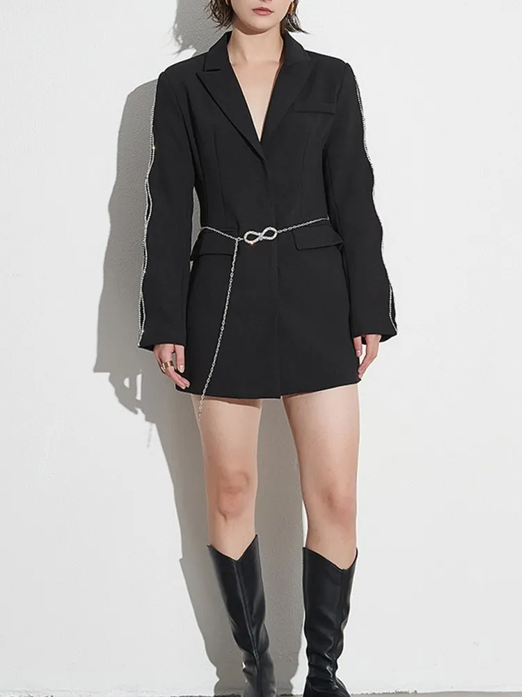 KBQ Spliced Chain Hollow Out Blazer For Women Notched Collar Long Sleeve Patchwork Diamonds Temperament Folds Blazers Female New