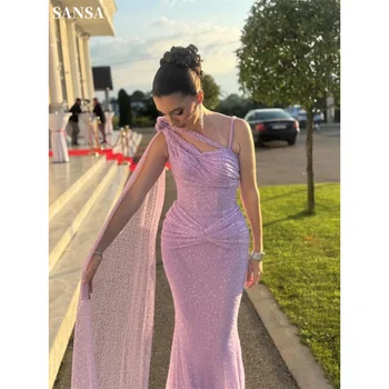 Sansa Customized Pink Mermaid 3D Flower Slim Prom Dress Draped Sash Beaded Pleats Vestidos De Noche Floor-Length Formal Gown
