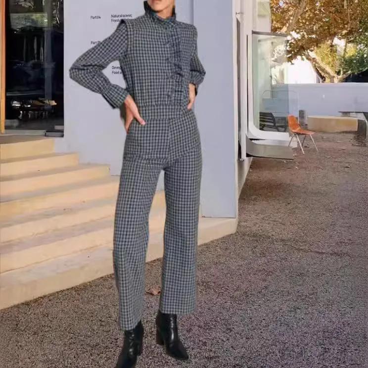 Fashion Vintage Plaid Buttons Jumpsuit For Women Chic O Neck Long Sleeve Jumpsuits 2024 Spring New Female High Waist Streetwear