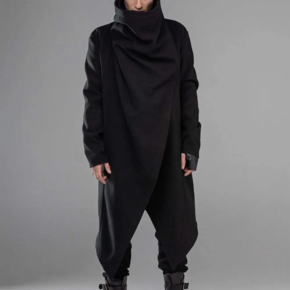 Men Wool Blend Jacket Retro Windbreaker Punk Style Men's High Collar Cloak Coat with Irregular Hem Street Style for Winter