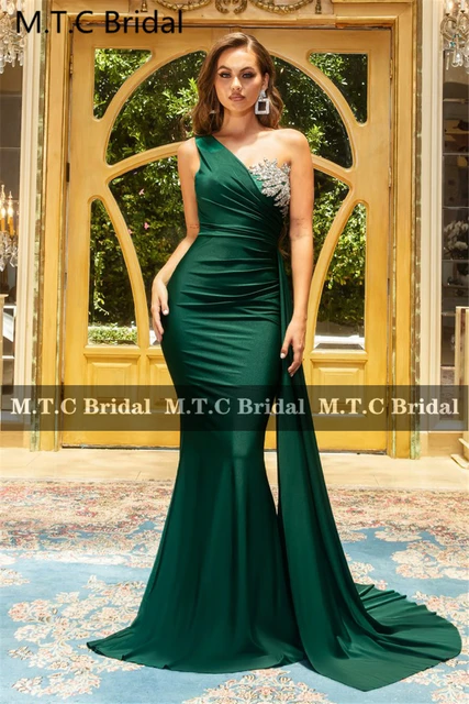  Vestidos de dama de honor, color verde esmeralda, para boda, un  hombro, vestido de satén de sirena de graduación, vestido largo 2023,  vestido formal para mujer con cola 8, Verde esmeralda 