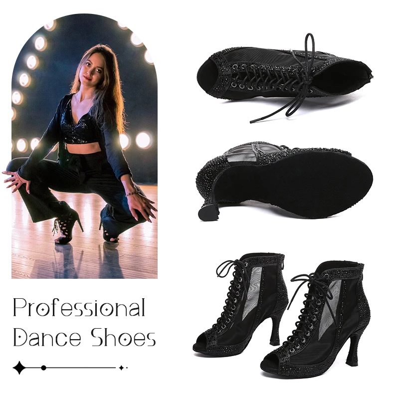 Women Dance Shoes Latin Dance Boots Salsa Dance Shoes Woman Rhinestone Jazz Short Boots
