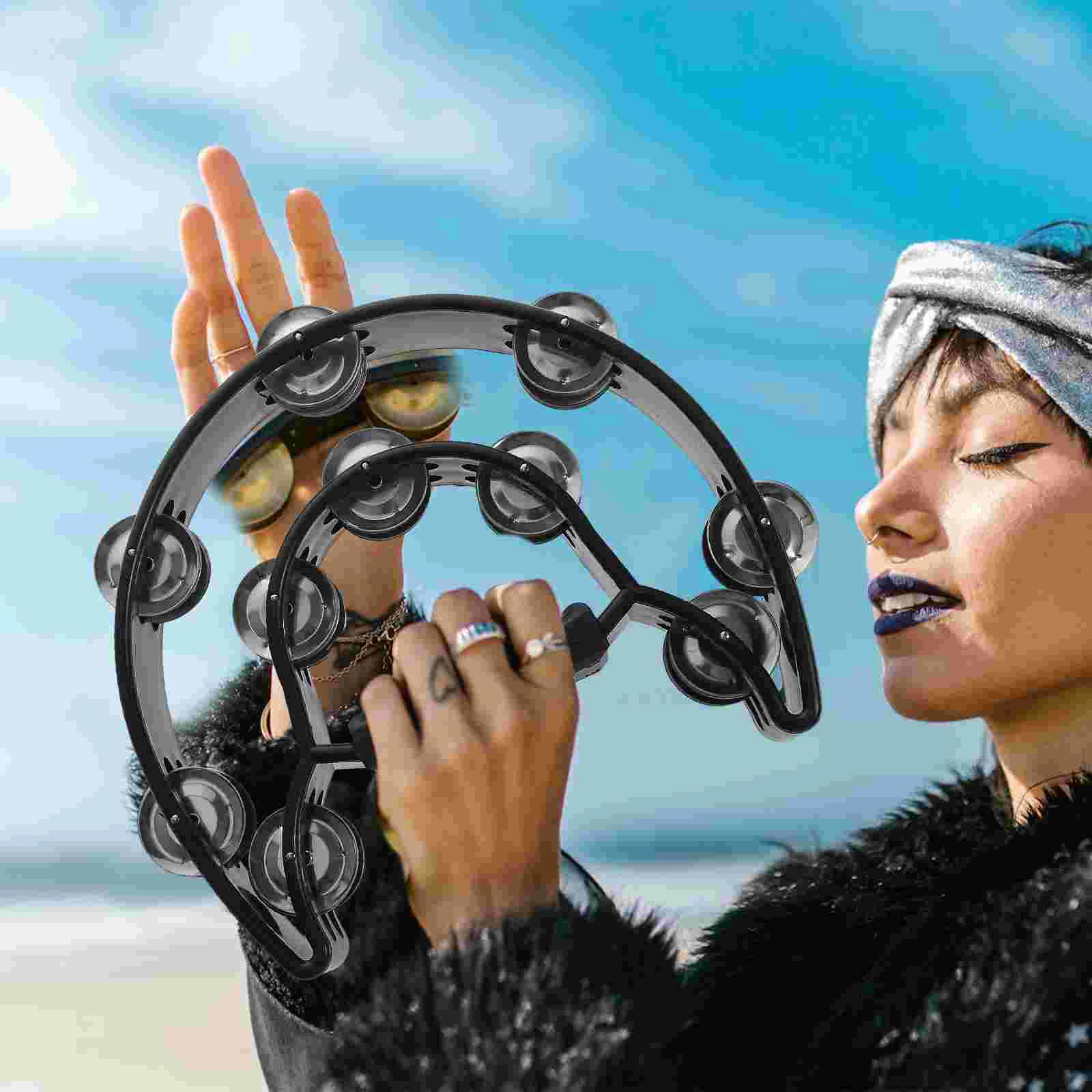 40 Jingles Double Row Moon Tambourine Hand Maraca Musical Instruments Rubber Handle Stable Grip Percussion Maraca Hand Shake
