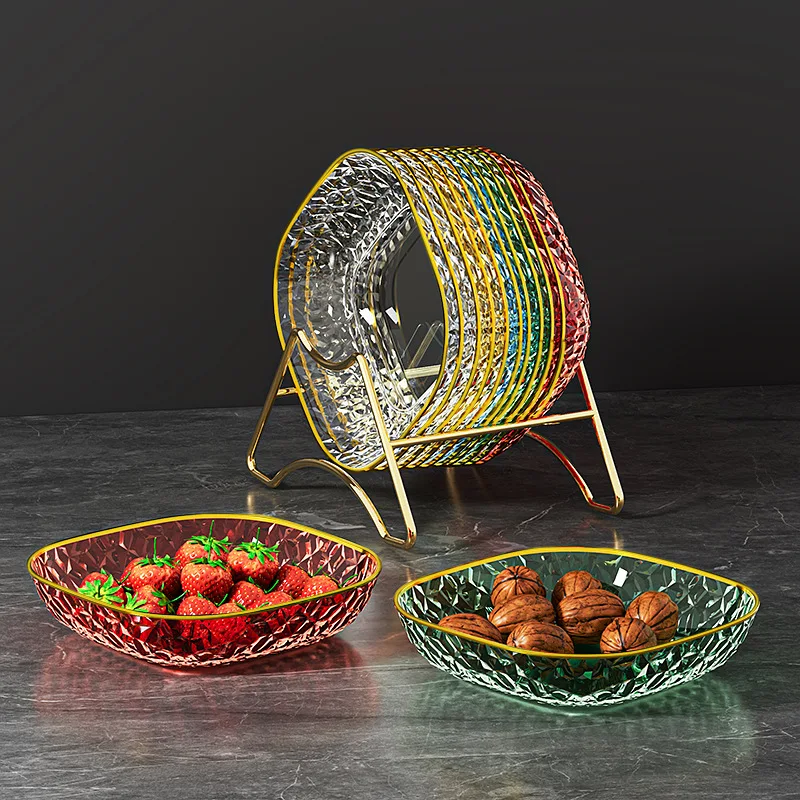 Fashion Fruit Plate Living Room Salad Plate Plastic Tray Home Decoration Golden Edge Stackable Snacks Serving Platter 4pcs/set