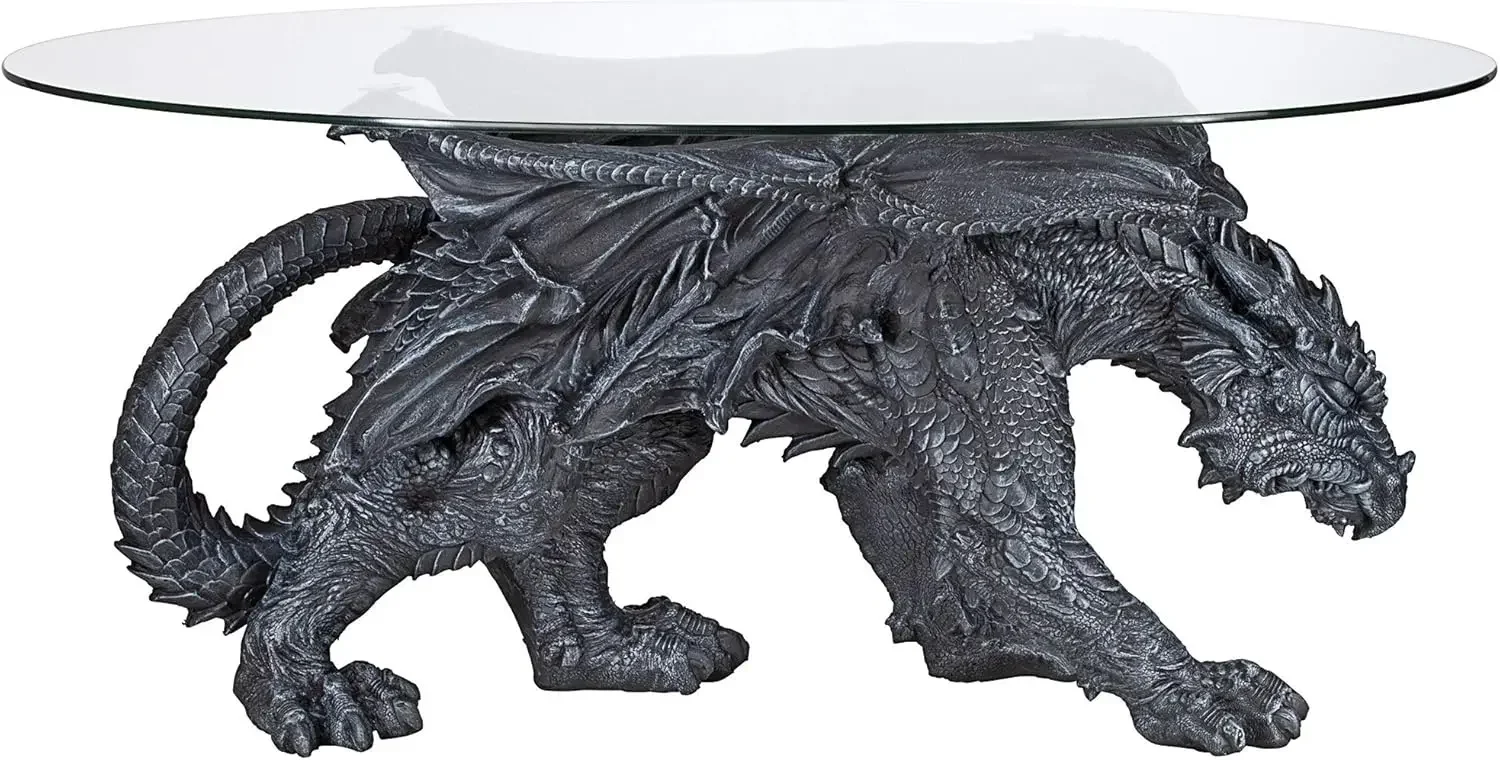 Warwickshire Dragon Gothic Decor Glass Topped Coffee Table, 39 Inch, Polyresin, Grey Stone 6