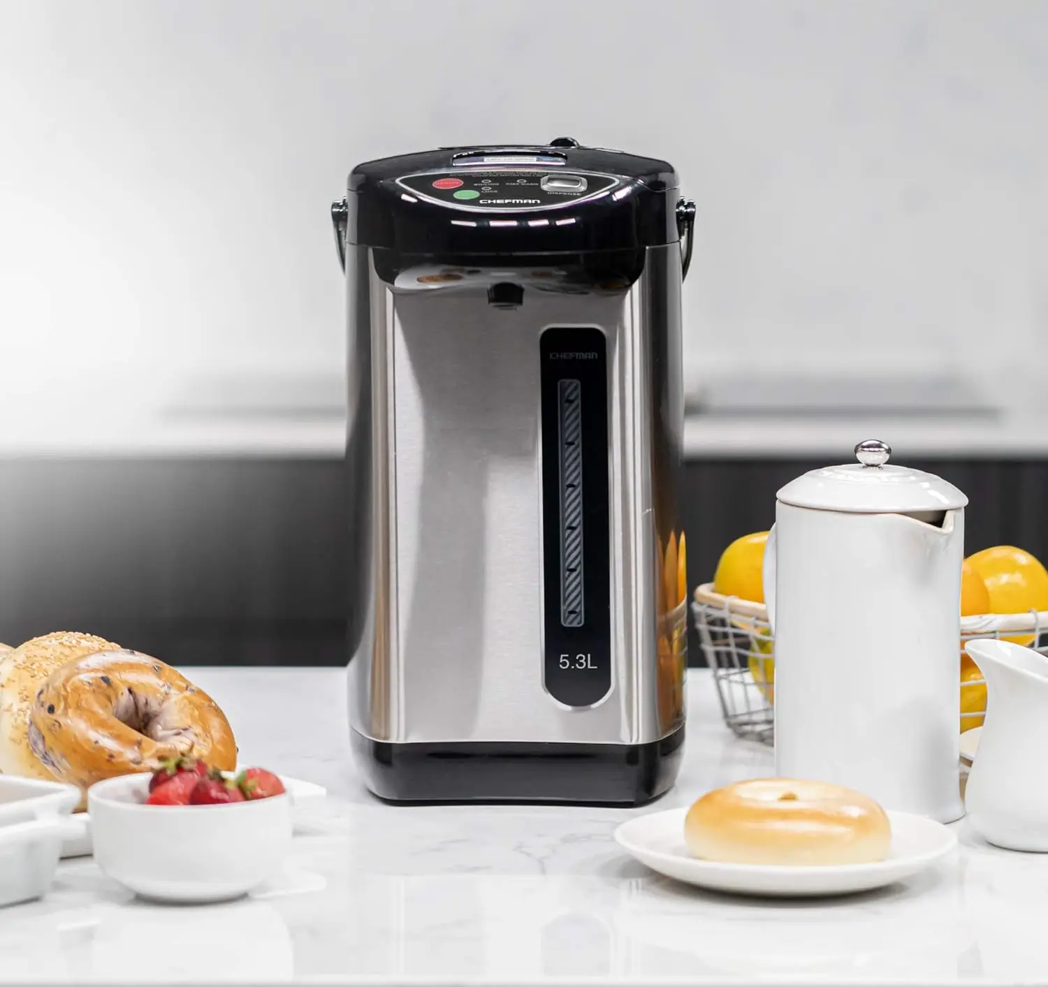 Chef electric kettle urn with automatic and manual dispensing buttons, safety lock, instant heating of coffee and tea