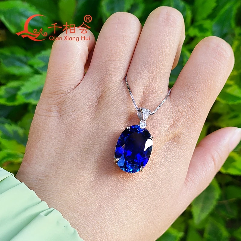 925 silver Fashion oval shape with inclusions Artificial  blue sapphire 14*19mm 18ct  ruby main stone Jewelry  Pendant Necklace