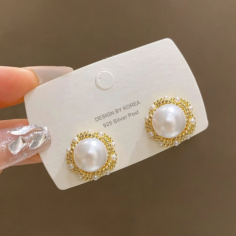 New S925 Silver Needle Vintage Round Imitation Pearl Earrings for Women Fashion Temperament Ear Jewelry Gift