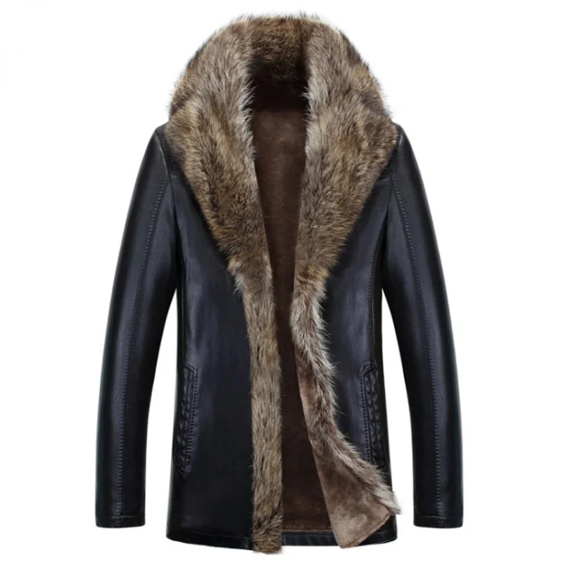

Casual Jacket for Men 2024 Autumn Winter Warm Mid-length Coats Raccoon Fur Collar Men's Leather Jackets Jaqueta Couro
