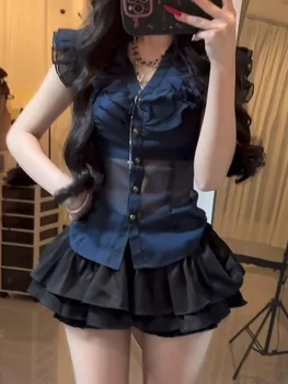 High Waist A-Line Puffy Skirt Set for Women Summer Black V-Neck Sleeveless Fashionable Commute Korean Style plus Size Set