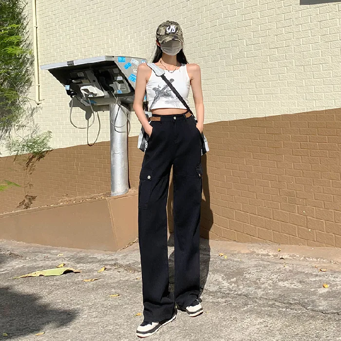 

2023 European American Green Women Jeans Fashion Elegant Solid Pants Casual High Waist Femme Straight Belt Trousers Baggy Jeans