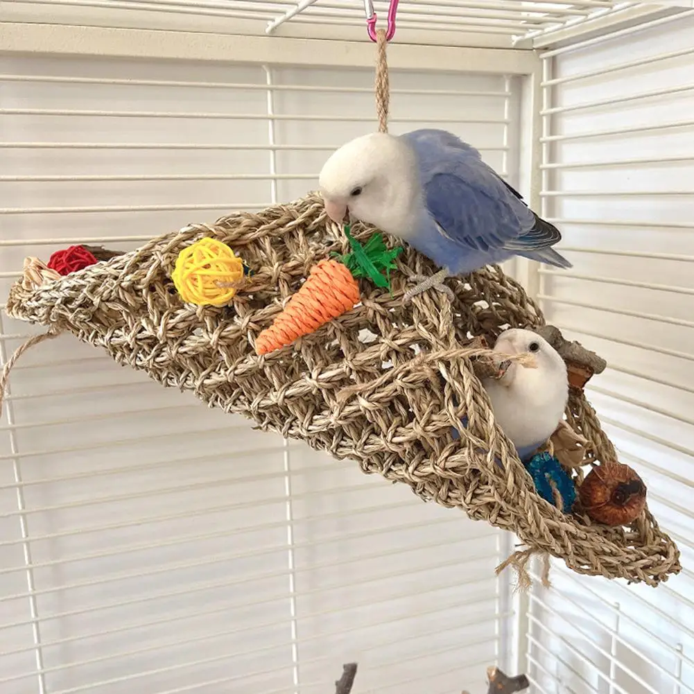 Bird Toys Seagrass Woven Climbing Hammock Swing With Colorful Chewing Rope for Lovebirds, Finch, Parakeets Conure, Cockatiel
