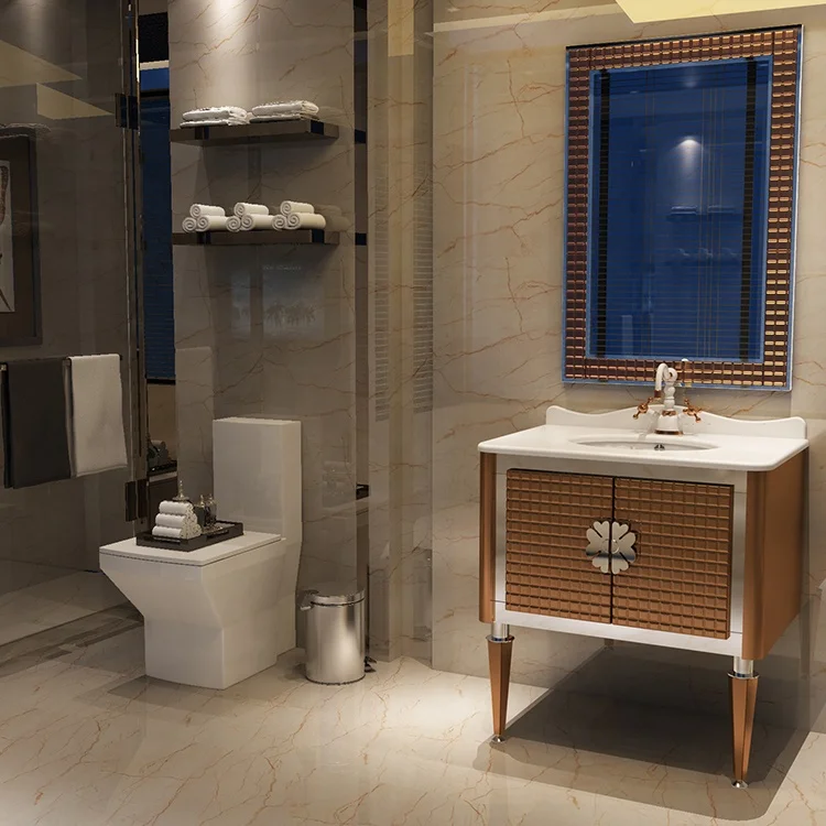 Luxury Golden Floor Standing Mirror Cabinets Single Sink Stainless Steel Bathroom Vanities 3