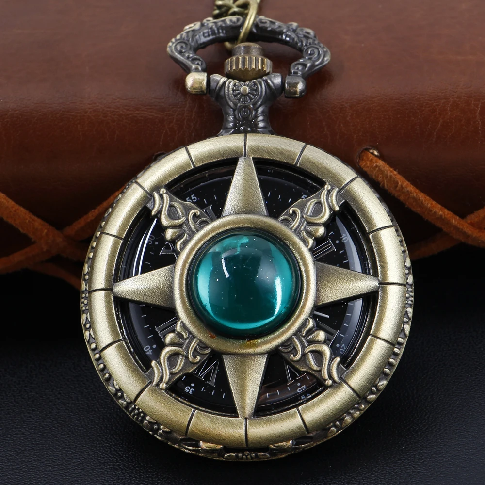 

Green Gem Hollow Magic Star Embossed Quartz Pocket Watch Vintage Dial with Chain Necklace Pendant Jewelry Clock Festival Gift