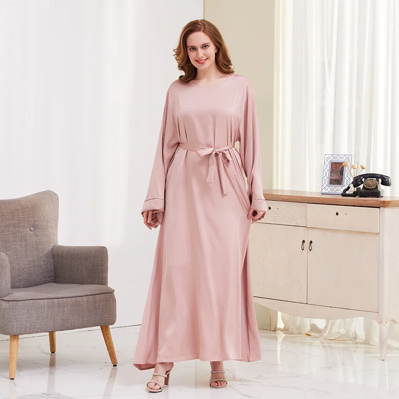 2023 Ramadan Muslim Abayat Dress Solid Traditional Prayer Dress Long Sleeve Women's Dress with Belt for Europe and America