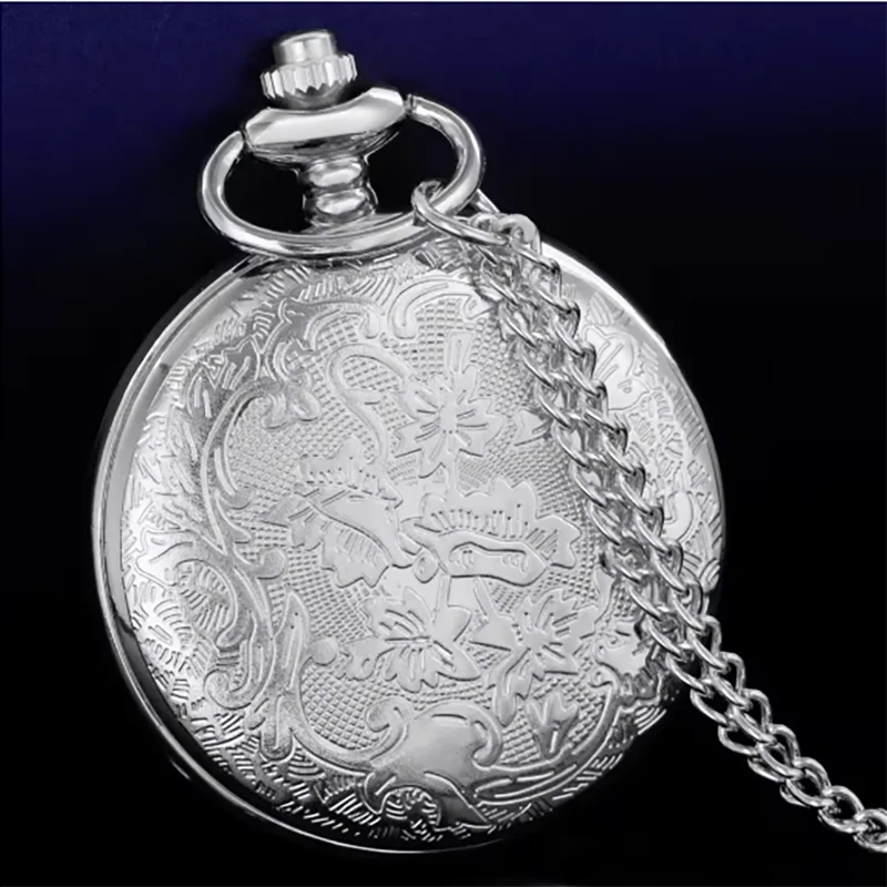 Pocket Watch Hollow Blue Starry Sky Dial Roman Numerals Quartz with Necklace