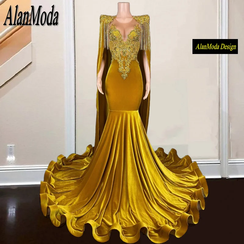 

Роскошное Золотое платье для выпускного вечера с искусственной планкой, бархатные женские платья с юбкой-годе, Прозрачное платье с вырезом и бисером, платья для торжества