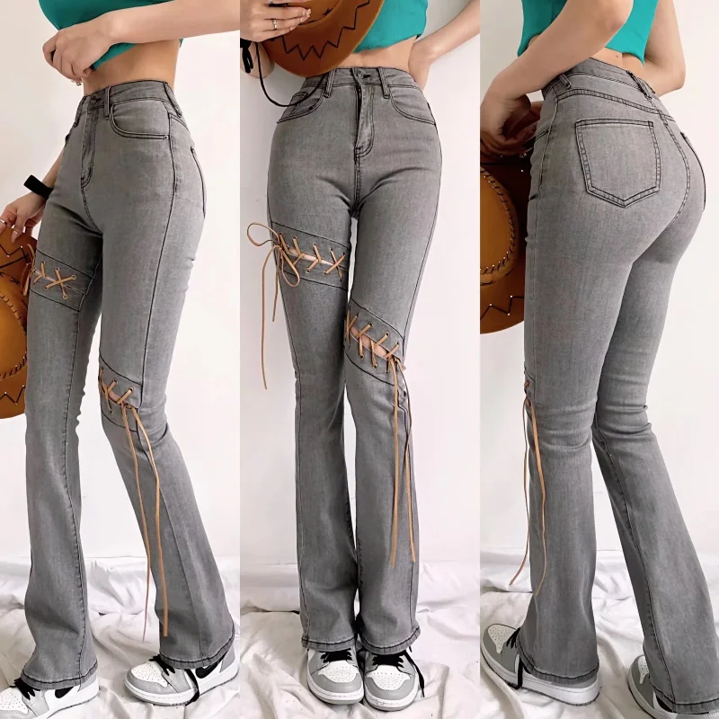 

WeiYao Vintage Y2k Bodycon Women Jeans High Waist Slim Fit Denim Long Trouser Chic Lace-up Flared Pants Streetwear Harajuku 2023