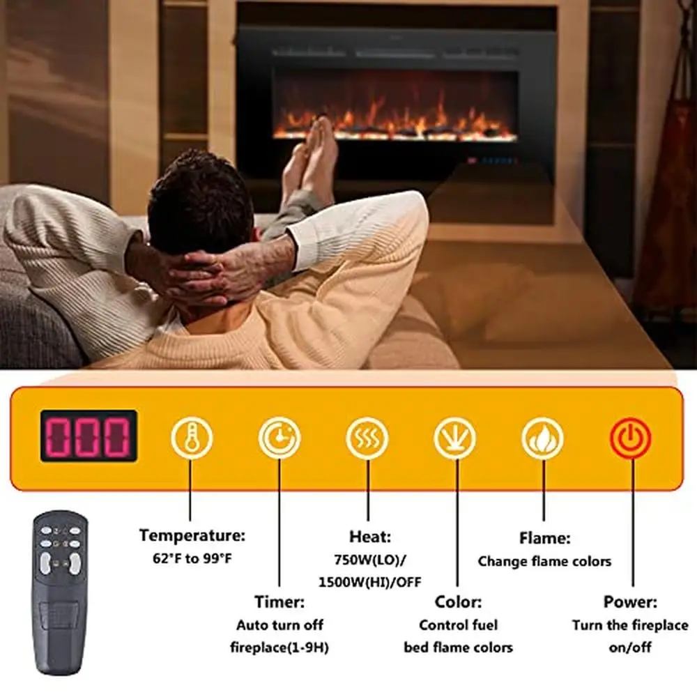 Fireplace Heater Wall Mount Remote Control 13 Flame Colors LED Display 750W/1500W Heat BTUs Safety Glass 400 sq.ft Warmth 4