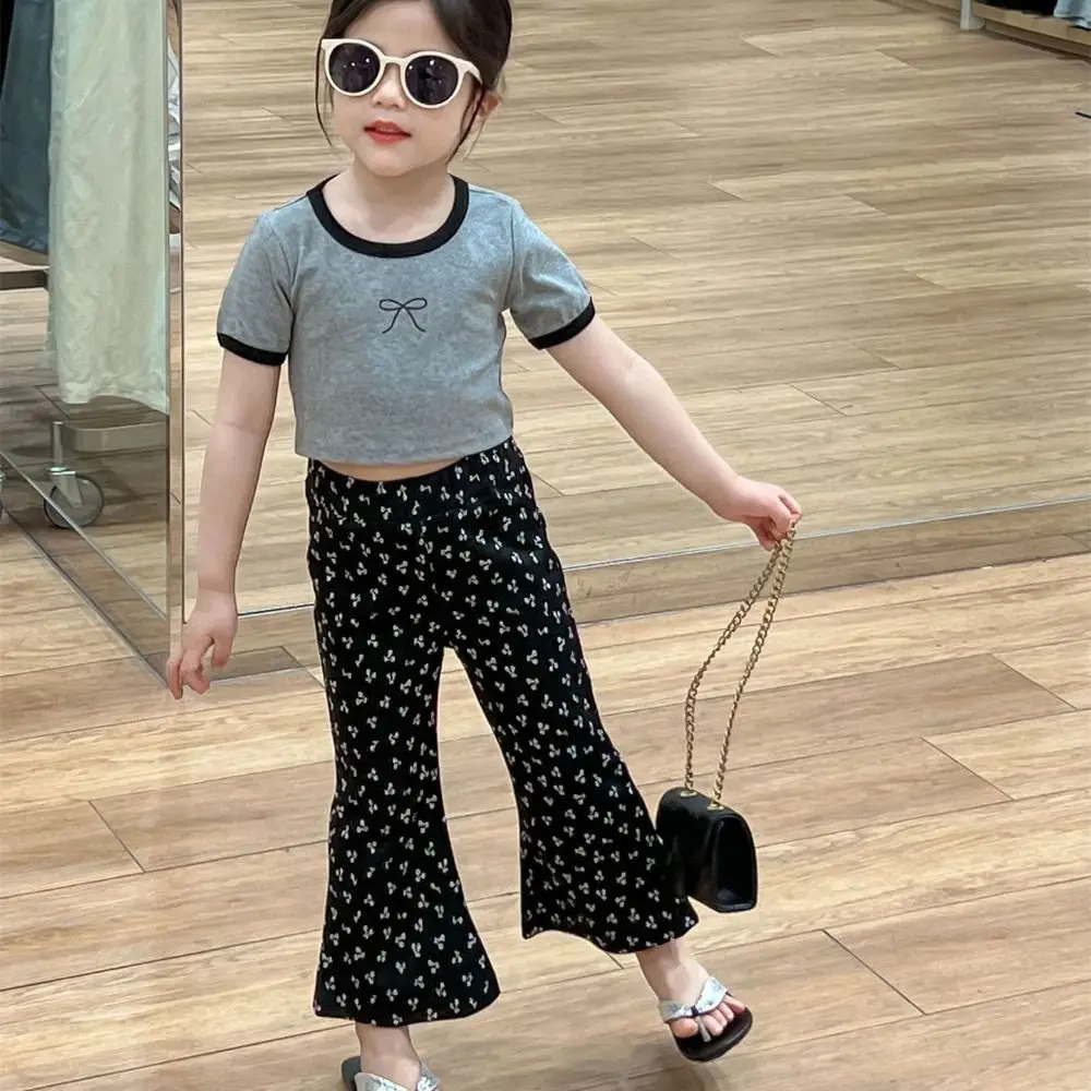 Two Pieces Set Wide Leg Pants Children Sports Set Y2K Letter T-shirt Pants Wear Suit Bow Teenagers Girls Clothes Set Summer