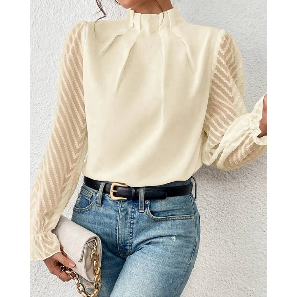 

Autumn Women Half High Neck Patchwork Wave Pattern Chiffon Blouse Office Female Long Sleeve Top Elegant Workwear Korean Style