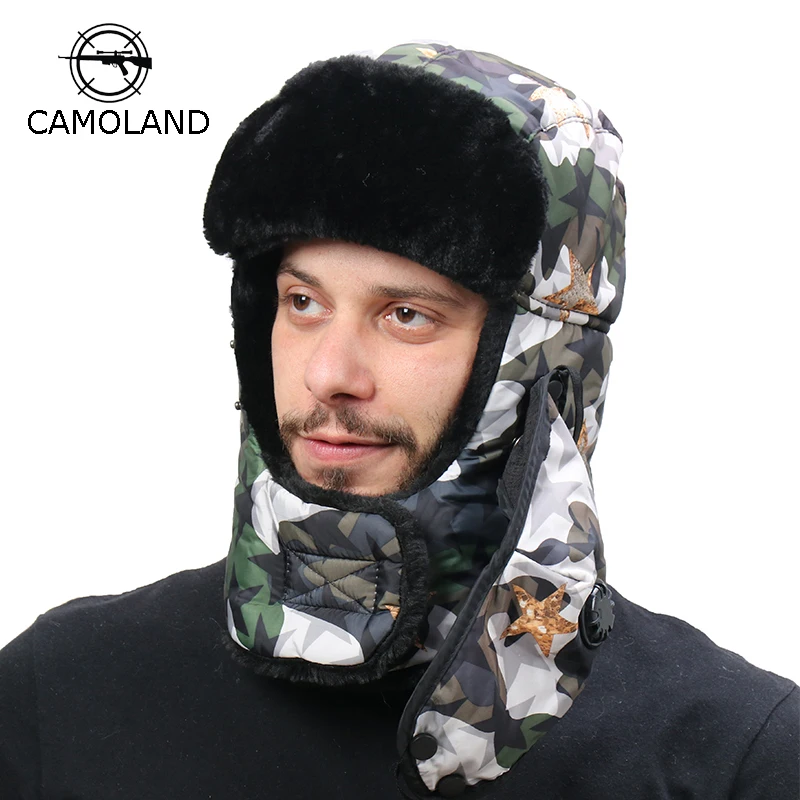

CAMOLAND Windproof Thermal Winter Bomber Hat Chapka Men Women Russia Ushanka Hats Faux Rabbit Fur Earflap Snow Trapper Hats