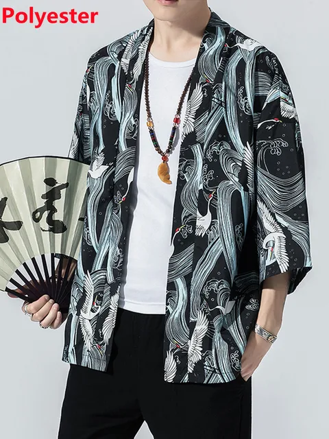 Crane Embroidery Haori Kimono Harajuku Japanese Style Plus Size Men Samurai Costume Yukata Asian Clothes Cardigan Women Jacket 711 black
