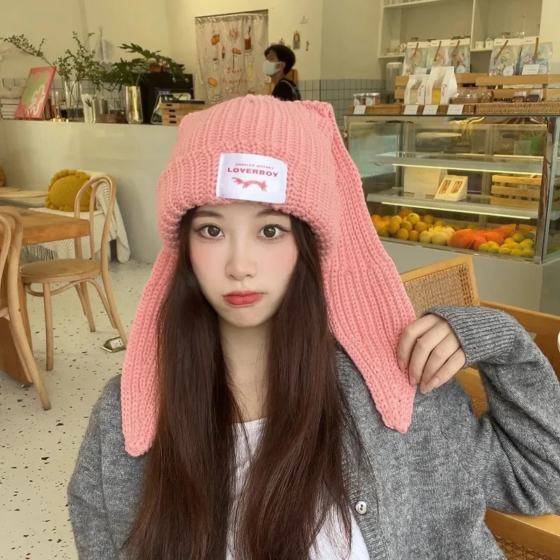 Rabbit Ears Knitted Woolen Hat Winter Thick and Warm Lambhair Ski Mask Beanie Hat for Women Balaclava Mask Beanies for Women 3