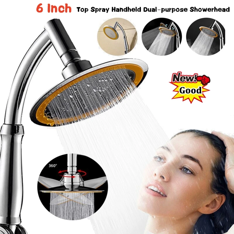 

6 Inch Dual-purpose Top Spray Hand Held Shower Head High Pressure 360° Adjustable Big Rainfall Sprayer Bathroom Shower Sprinkler