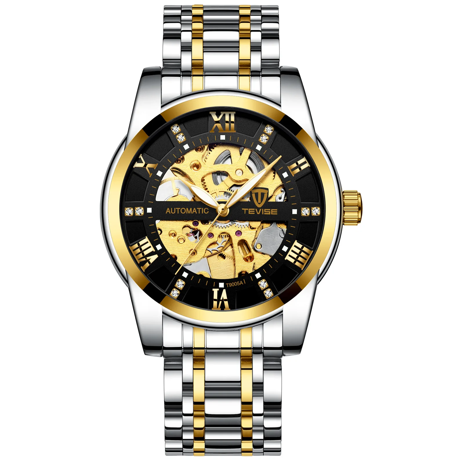 Luxury Automatic Men's Watch with Black Gold Skeleton Design and Diamond Dial