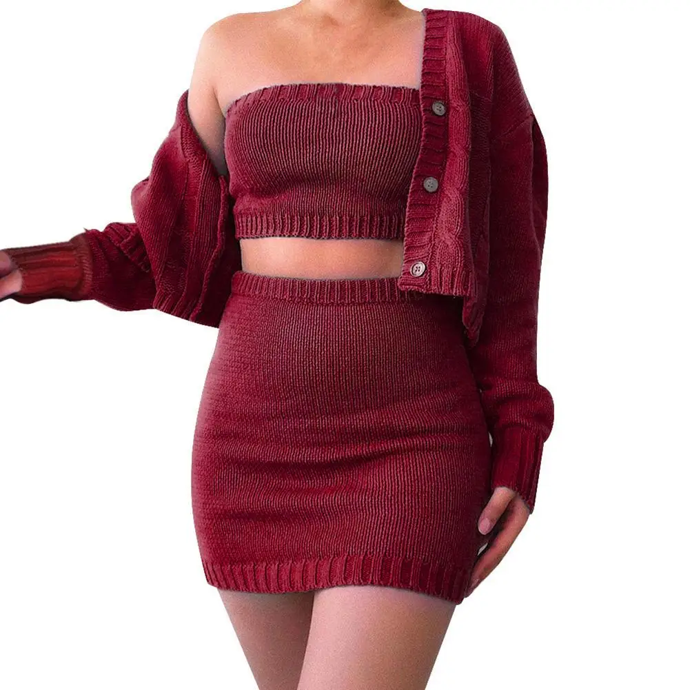 Skirt Suits 3Pcs/Set Women Leisure Elegance Autumn Winter Sexy Knitted Tube Top Sweater Cardigan Mini Skirt Women's Skirt  2022