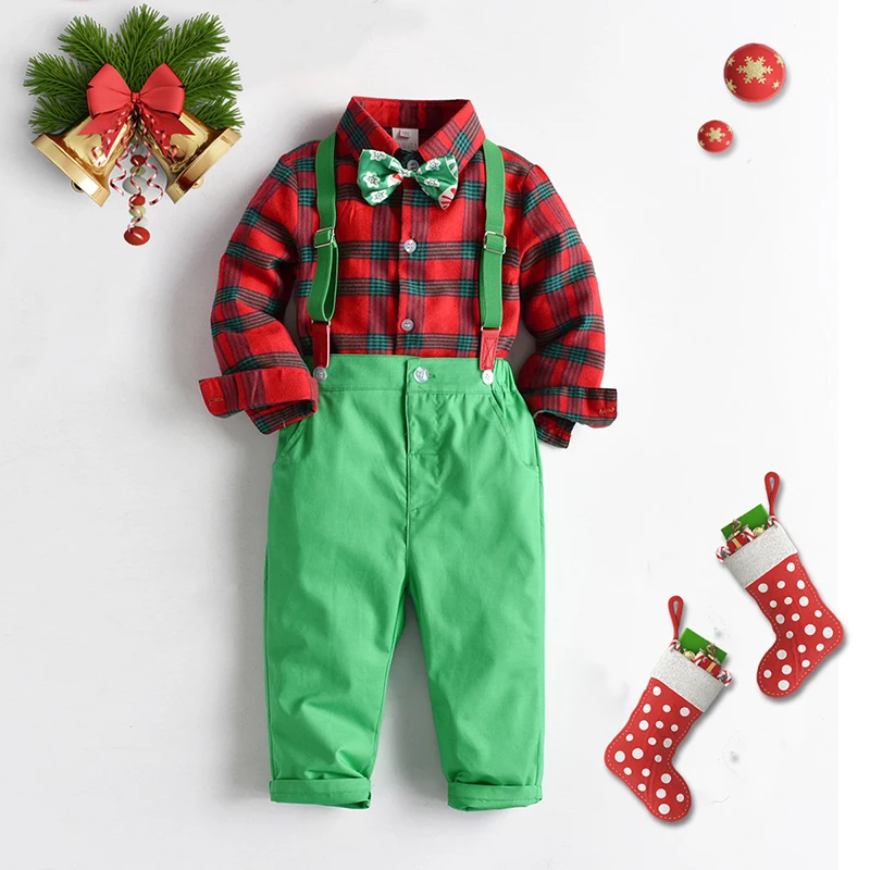 1-6T Boys Fall 2 Pack Outfit Party Clothing Long Sleeve Button Plaid Shirt + Green Bow Tie Bib Suspenders