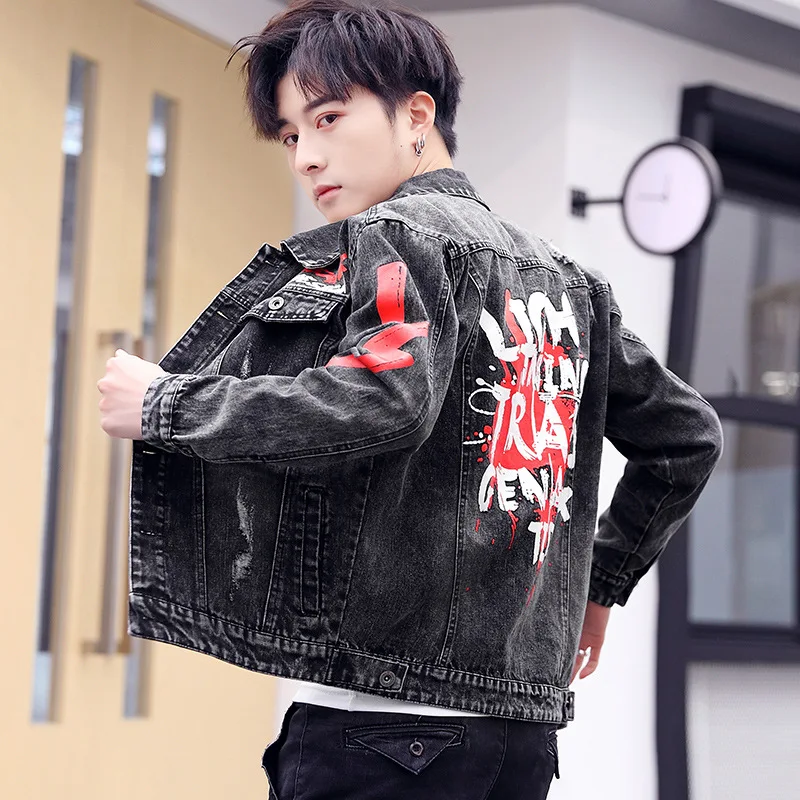 Ripped Denim Jacket Male Trend Self-cultivation Spring Autumn Youth Jacket Male 2022 New Korean Handsome Teenagers Top teenagers exaggerated adjustable buckle waist straps relief round belt coat jeans male wide fashion formal waistband