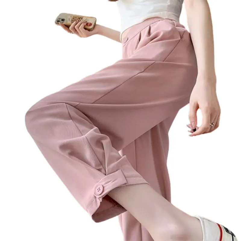 2024 Elegant Fashion Harajuku Slim Fit Female Clothes Loose Casual All Match Sports Pants Solid Pockets Button Wide Leg Pants