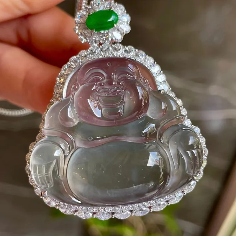 

Ice-like Feitsui Buddhle Sculpture Male Pendant Myanmar Natural 18K Gold Inlaid Guanyin Jade